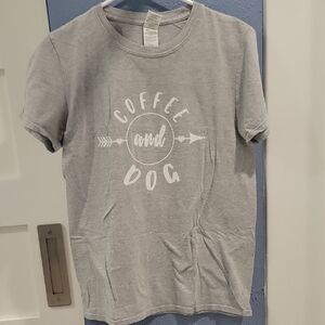 Gray Graphic Tee with Coffee and Dog Print